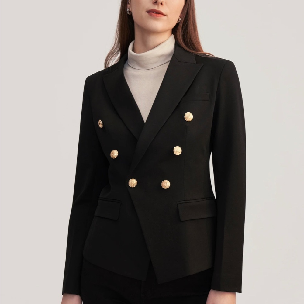 Classic Black Double-Breasted Blazer with Gold Buttons